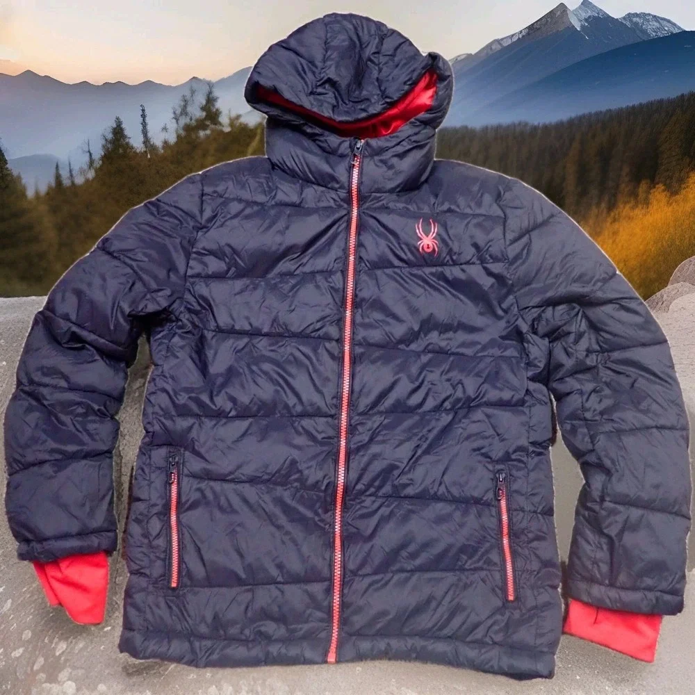 Spyder Puffer Jacket Kids Size L 14/16 Black Excellent Hooded Thumbhole Cuffs